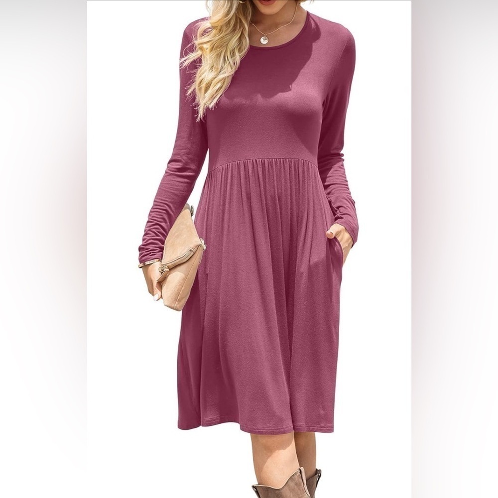 Fisoul MOON Women Casual Long Sleeve Dress Empire Waist Knee Length Loose Dress